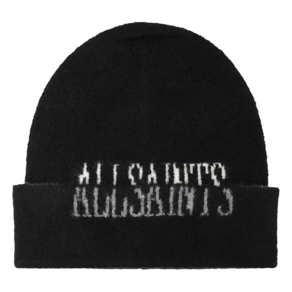All Saints Accessories - All Saints State Logo Cuffed Black Wool Blend Beanie Hat Unisex